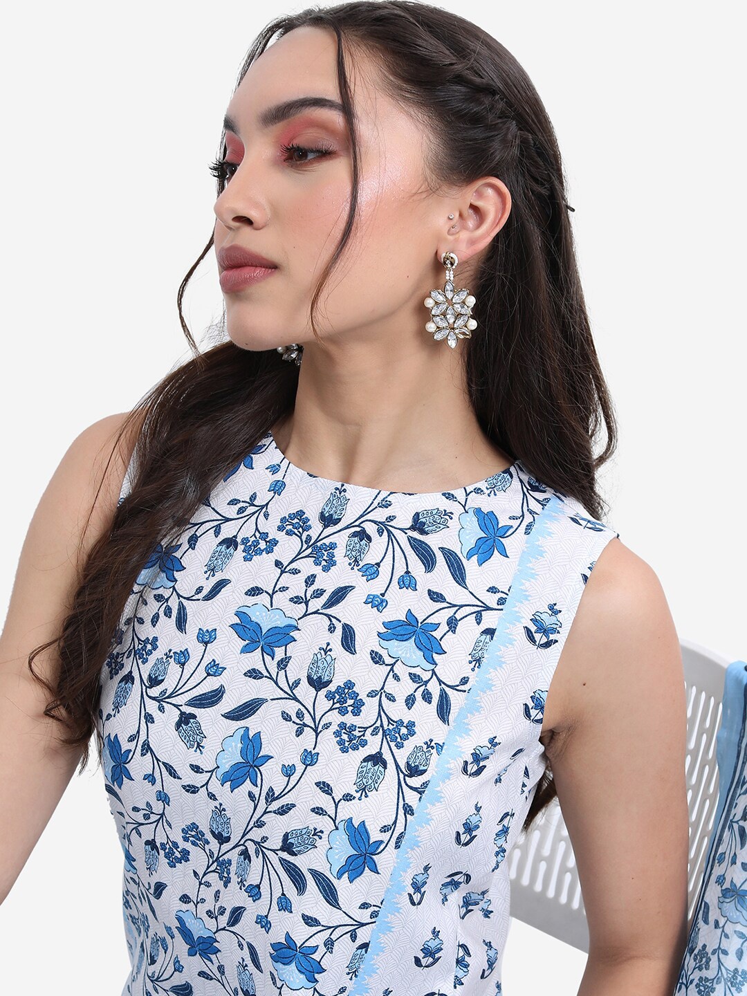 

Vishudh Blue Floral Printed Panelled Kurta With Palazzos & With Dupatta, White