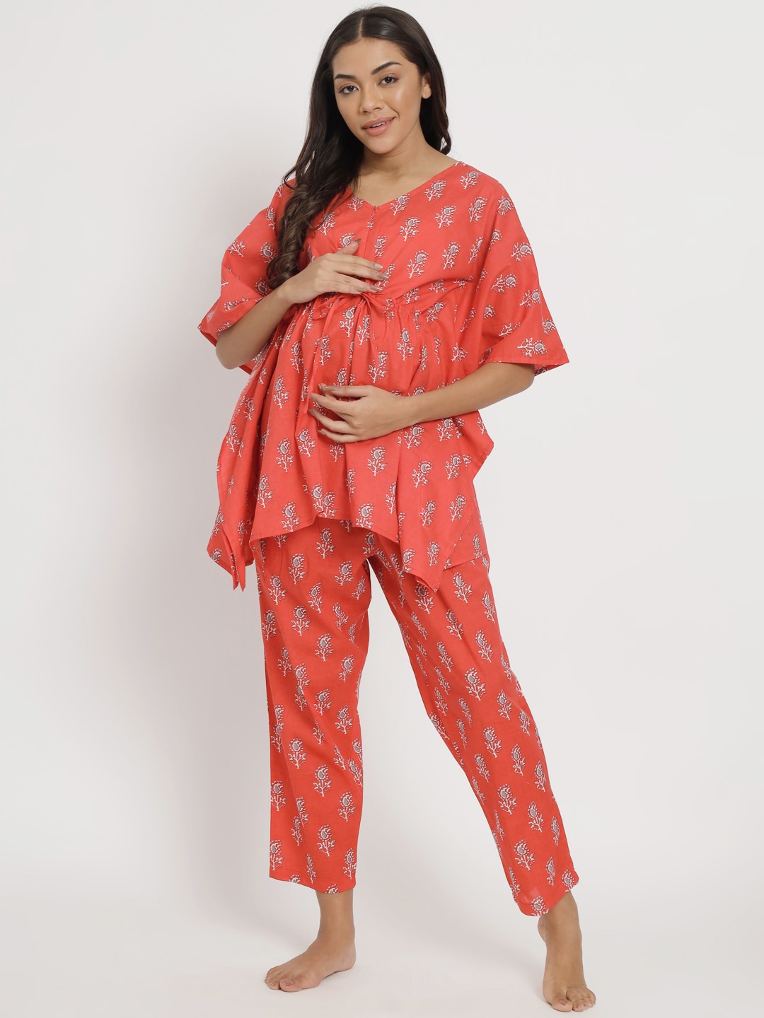 

Aujjessa Printed Pure Cotton Maternity Feeding Kaftan Night Suit, Red