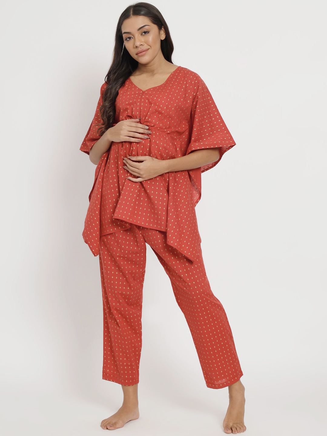 

Aujjessa Printed Pure Cotton Maternity Feeding Kaftan Night Suit, Maroon