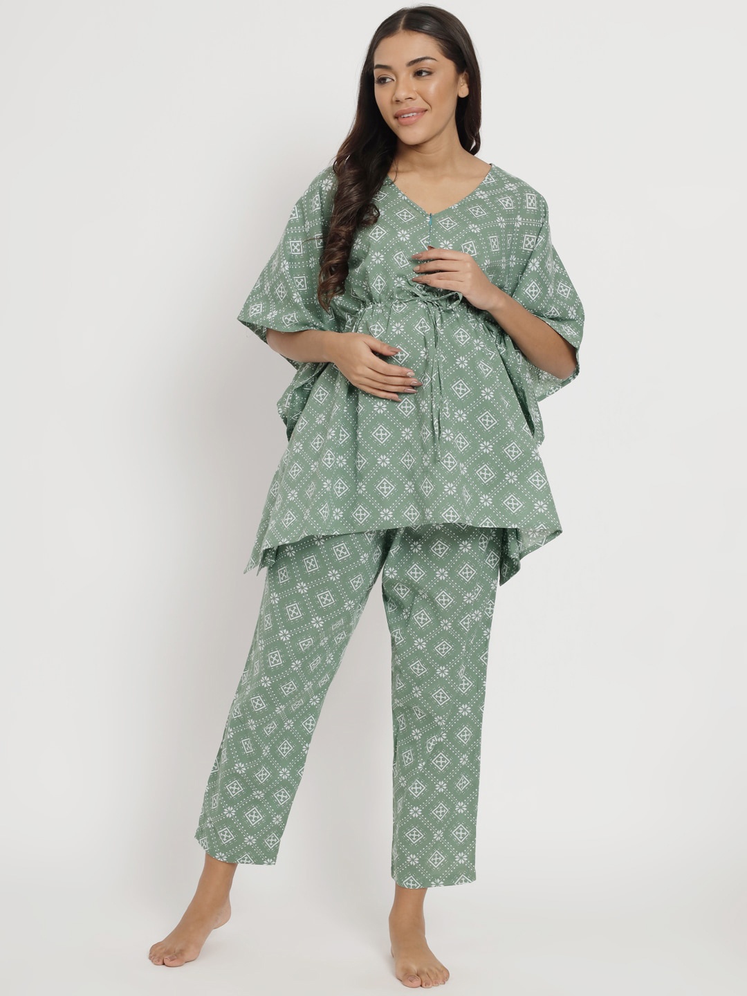 

Aujjessa Printed Pure Cotton Maternity Feeding Kaftan Night Suit, Olive