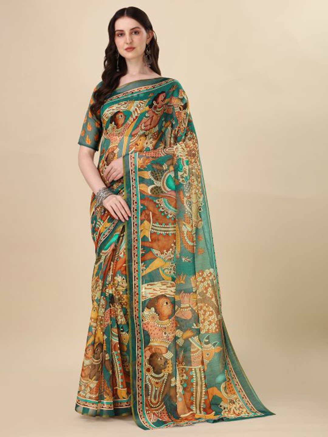 

Sangria Ethnic Motifs Chanderi Saree, Green