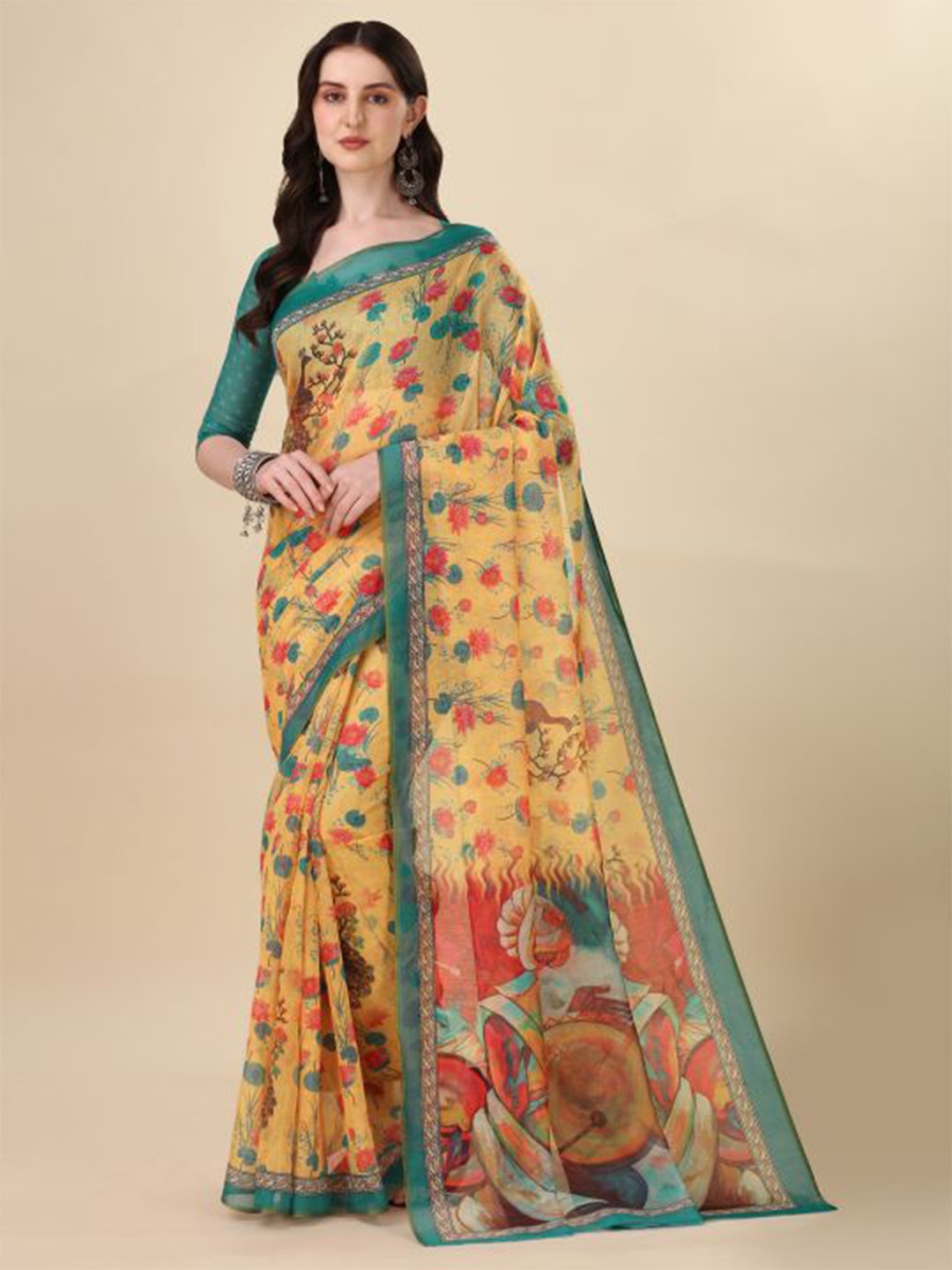 

Sangria Yellow & Blue Ethnic Motifs Printed Chanderi Saree