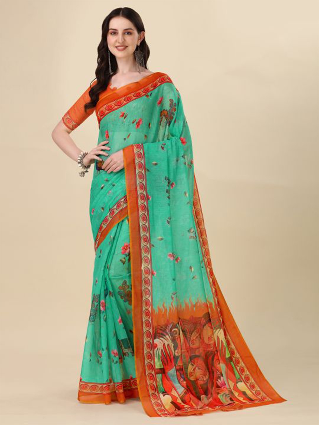 

Sangria Turquoise Blue Ethnic Motifs Printed Chanderi Saree