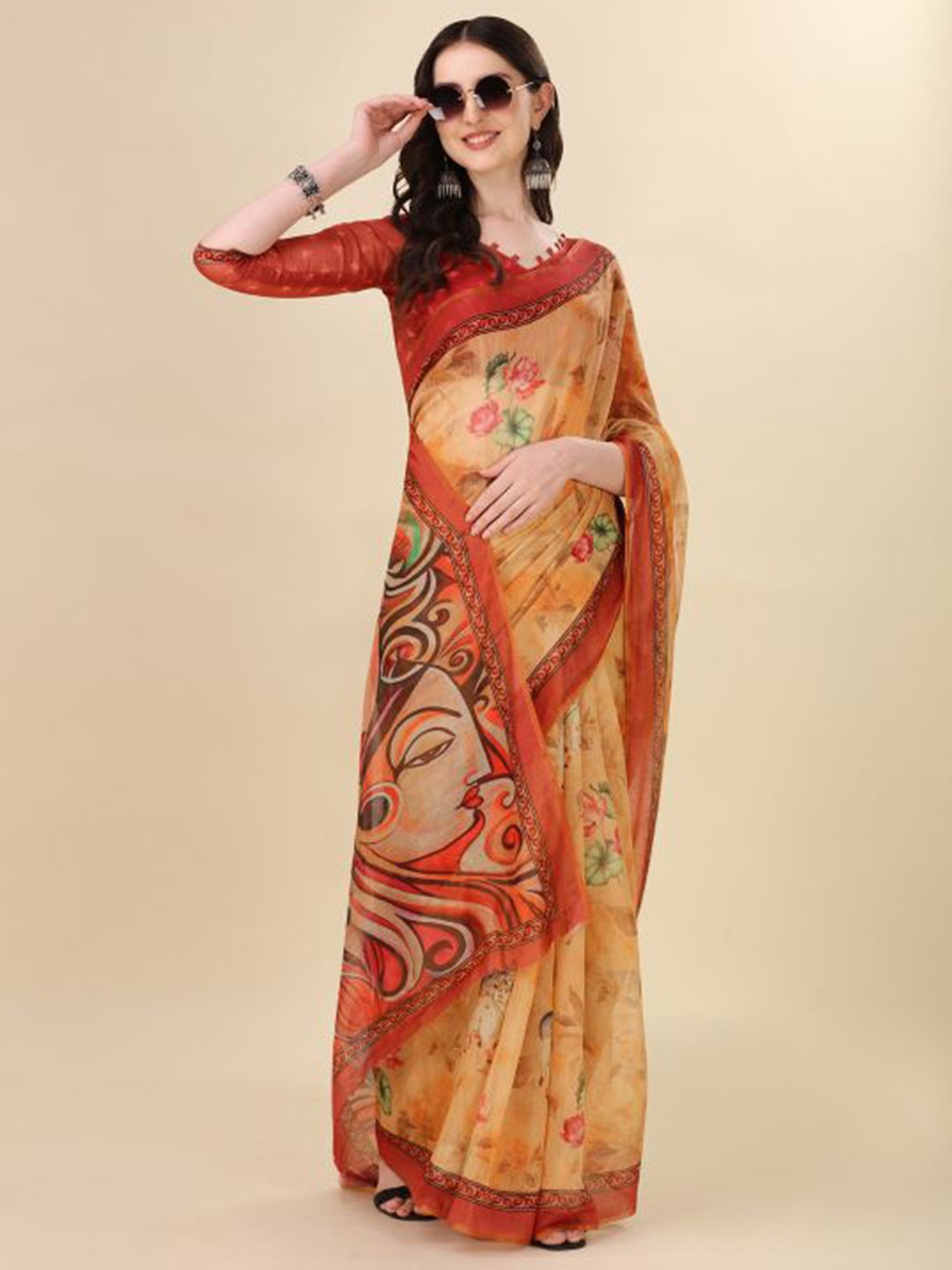 

Sangria Mustard Yellow Floral Printed Chanderi Saree