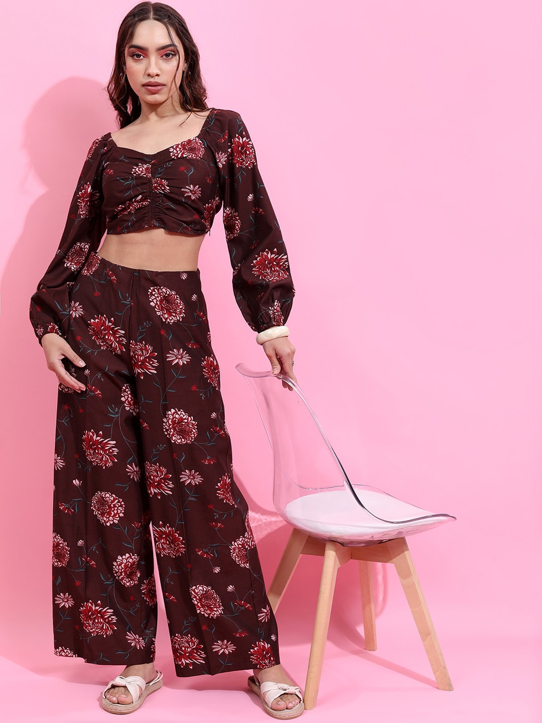 

Vishudh Black Printed Polyester Square Neck Top With Flared Palazzos