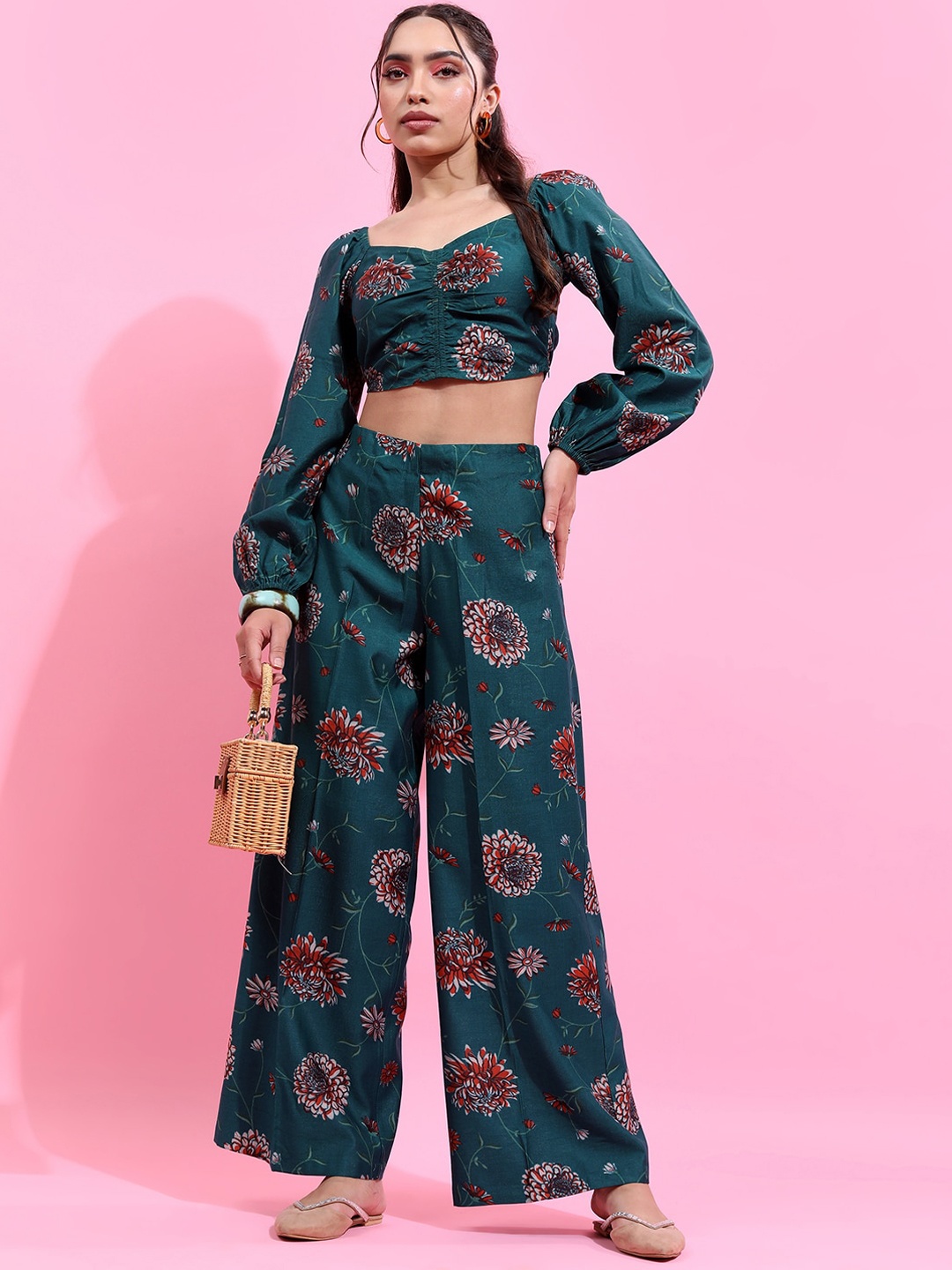 

Vishudh Teal Printed Square Neck Crop Top With Straight Palazzo