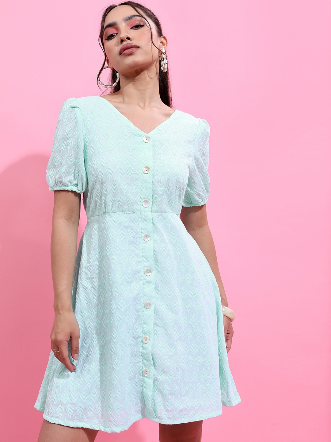 

Vishudh Green V-Neck Puff Sleeves Fit & Flare Dress