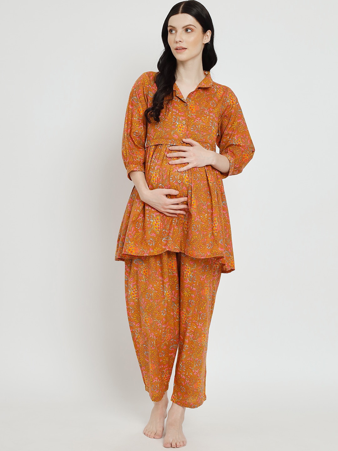 

Aujjessa Printed Pure Cotton Maternity Feeding Night Suit, Rust