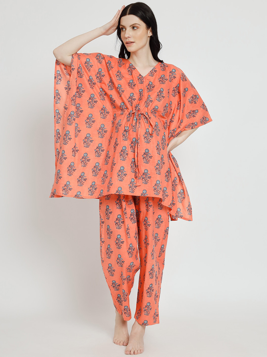 

Aujjessa Printed Pure Cotton Maternity Feeding Kaftan Night Suit, Orange