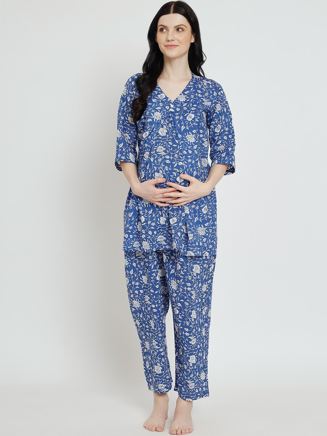 

Aujjessa Printed Pure Cotton Maternity Feeding Night Suit, Blue