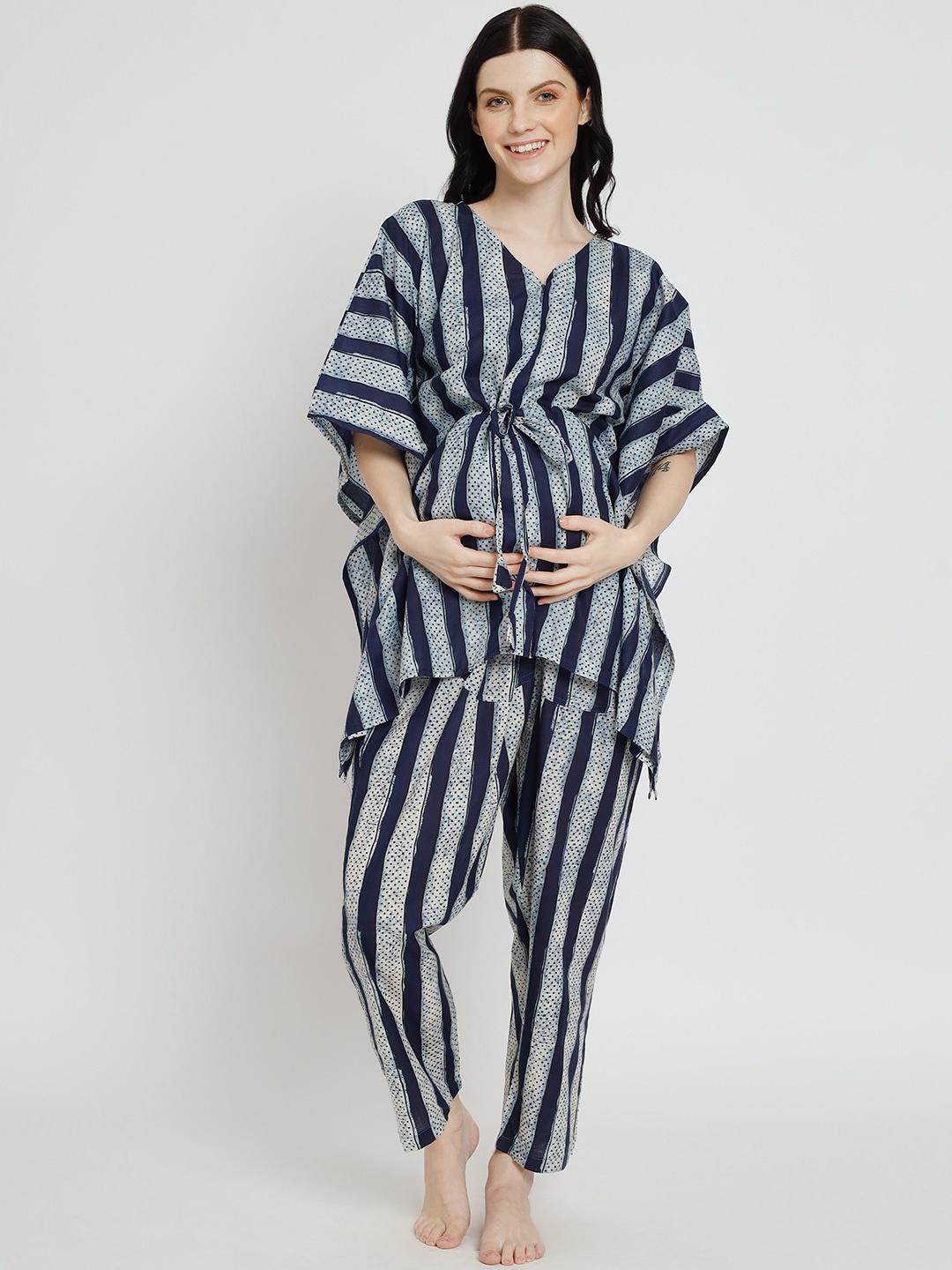 

Aujjessa Printed Pure Cotton Maternity Feeding Kaftan Night Suit, Blue