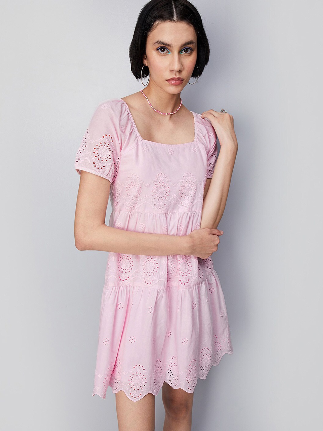 

max Schiffli Self Design Square Neck Tiered A-Line Pure Cotton Dress, Pink