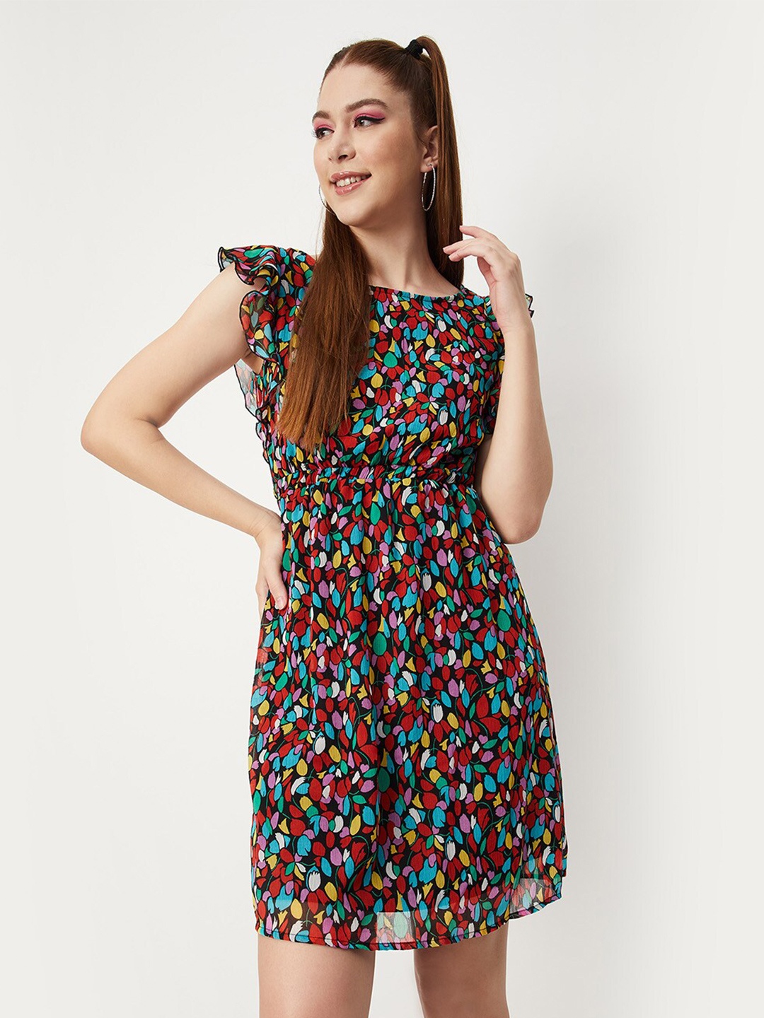 

max Abstract Printed Round Neck Flutter Sleeves Sheath Dress, Black