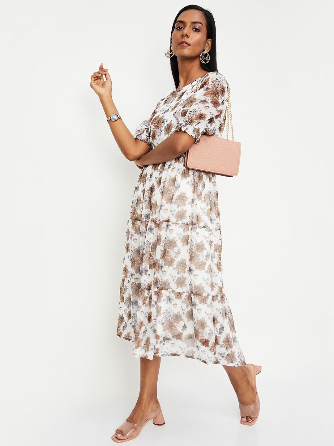 

max Floral Printed Round Neck Puff Sleeves Fit & Flare Midi Dress, White