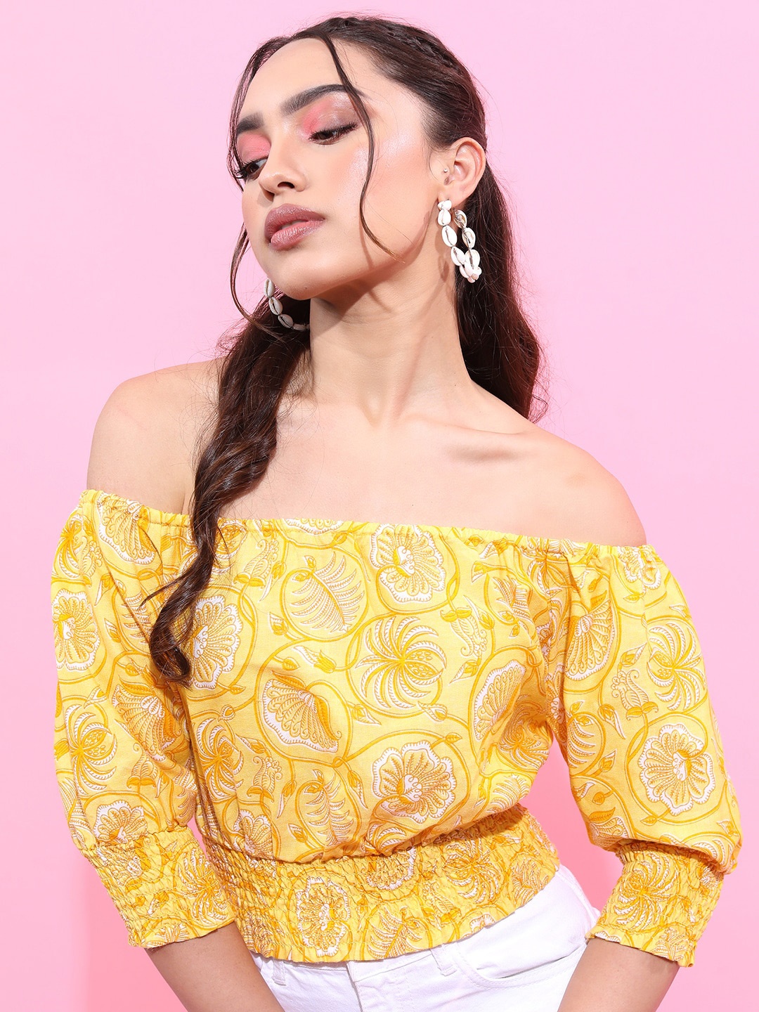 

Vishudh Yellow Floral Printed Off-Shoulder Bardot Top