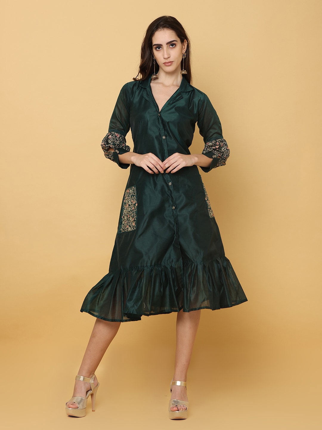 

NAYRA V-Neck Embroidered A-Line Midi Dress, Green