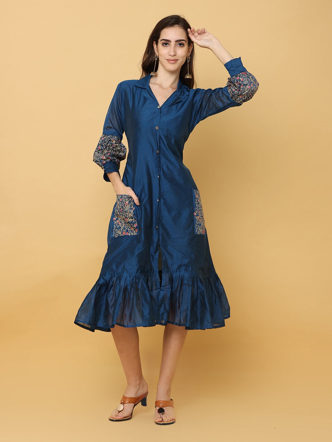 

NAYRA Embroidered Cuff Sleeves Silk Shirt Ethnic Dress, Navy blue
