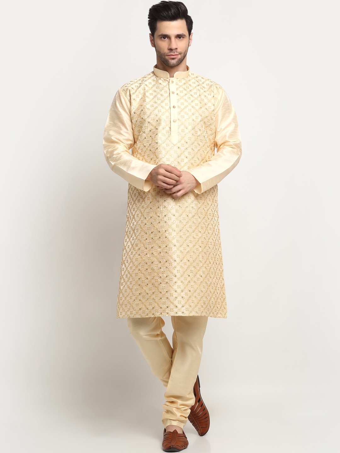 

KRAFT INDIA Ethnic Motifs Sequinned Embroidered Kurta With Churidar, Beige