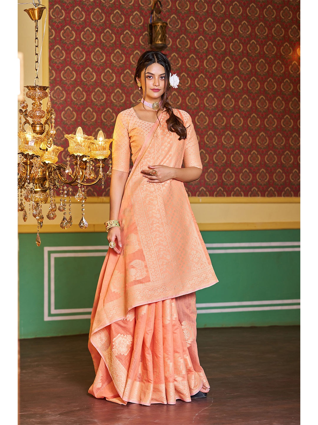 

elora Ethnic Motifs Woven Design Zari Cotton Blend Saree, Peach