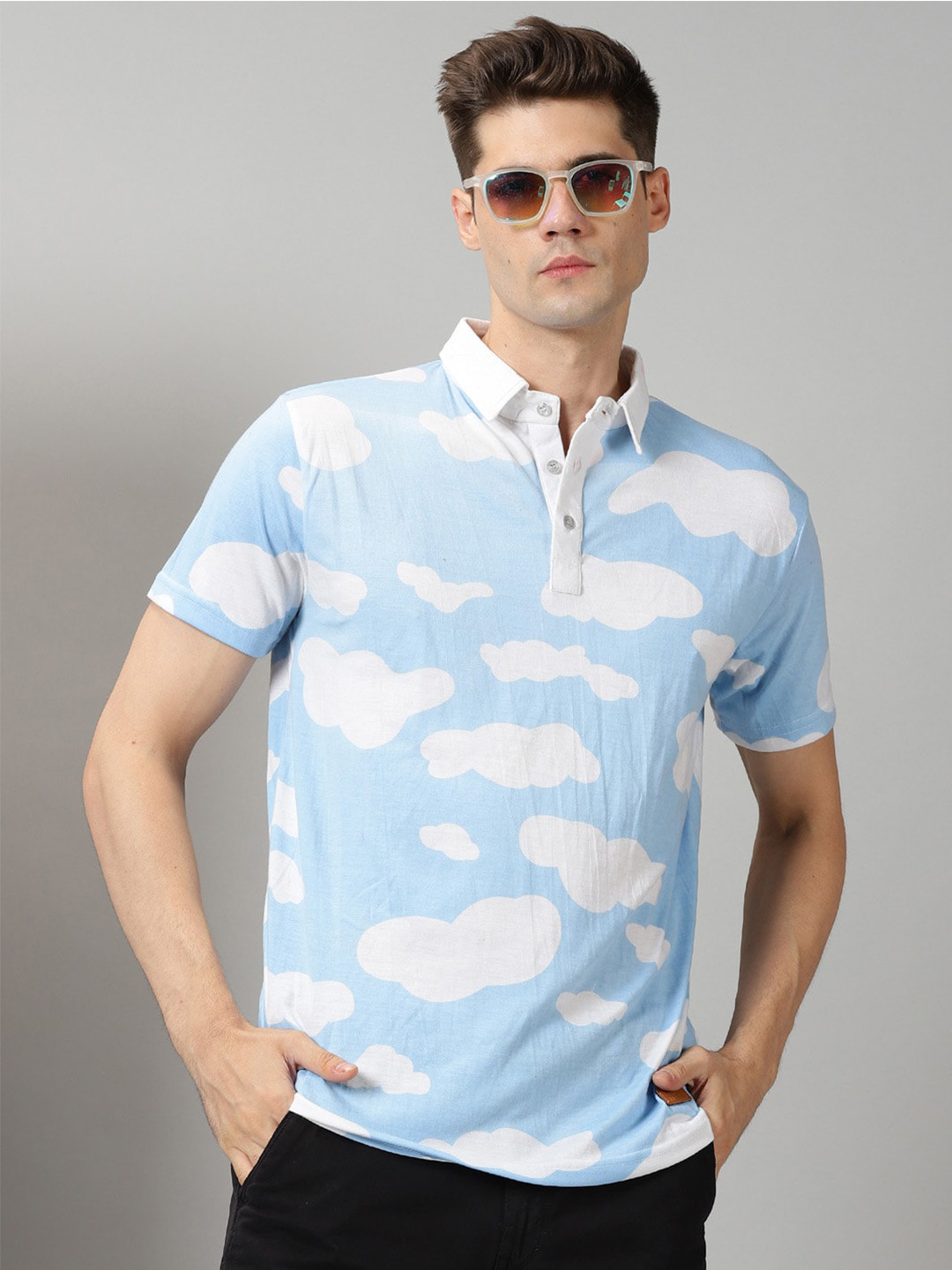 

Rodzen Men Printed Polo Collar Cotton T-shirt, Blue