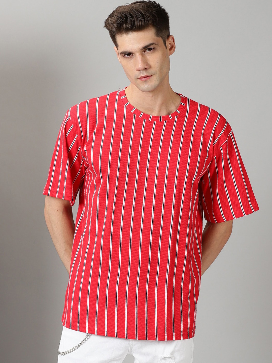 

Rodzen Looze Fit Striped Cotton T-shirt, Red