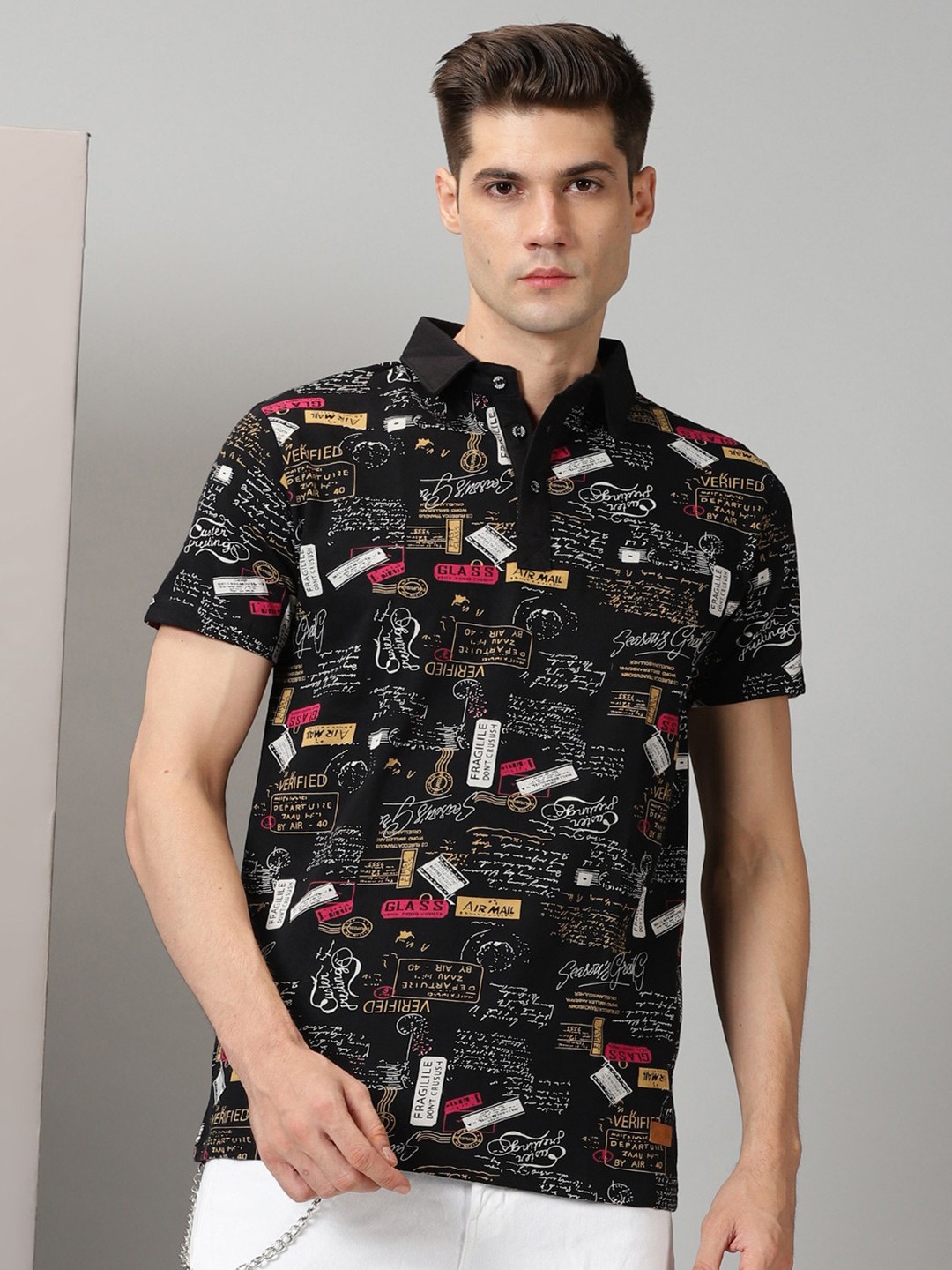 

Rodzen Typography Printed Polo Collar Cotton T-shirt, Black