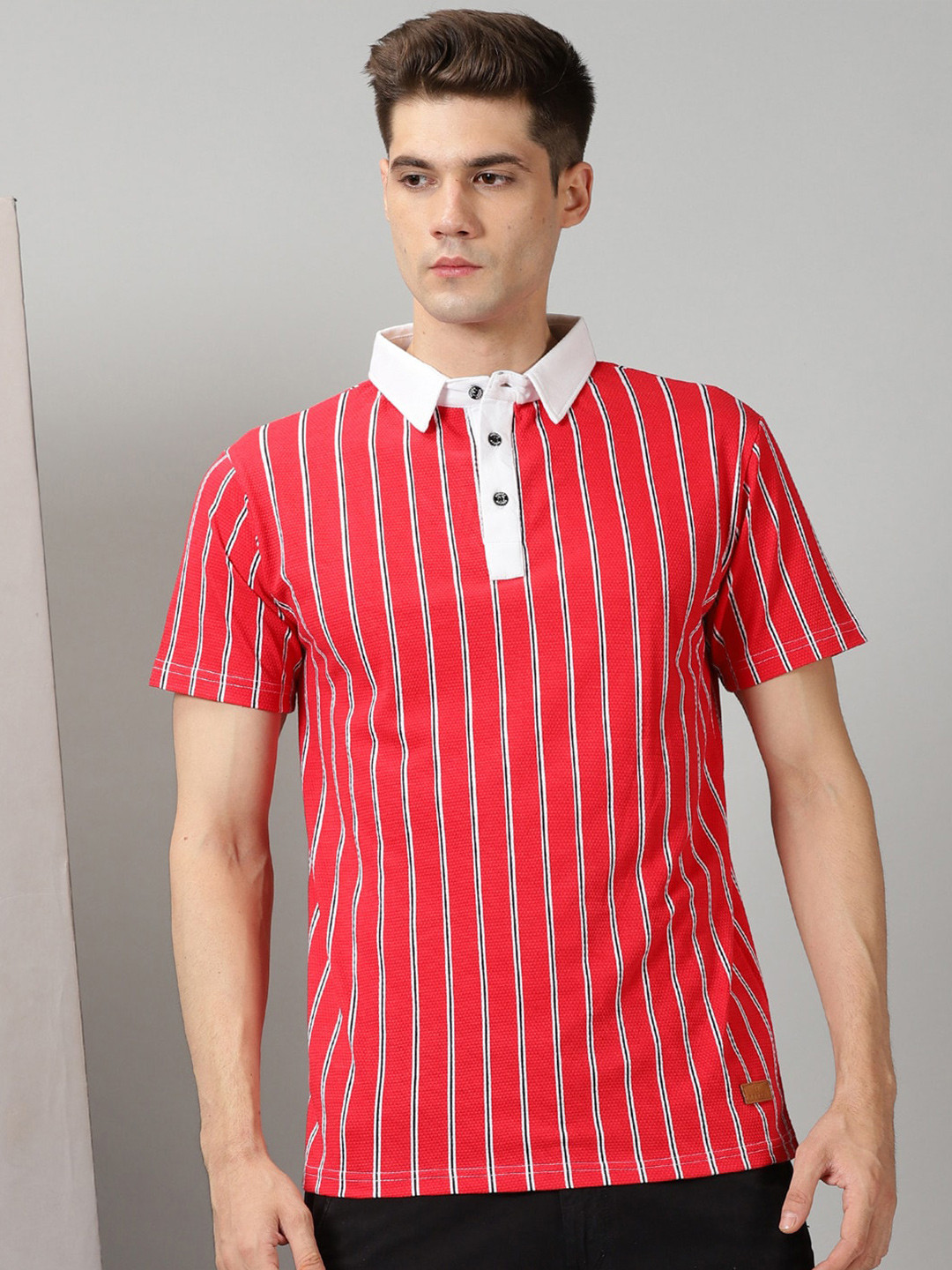 

Rodzen Striped Polo Collar Cotton T-shirt, Red
