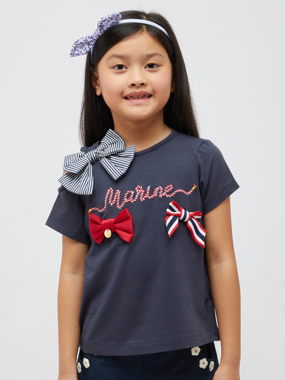 

One Friday Girls Typography Printed Bow Detailed T-shirt, Navy blue