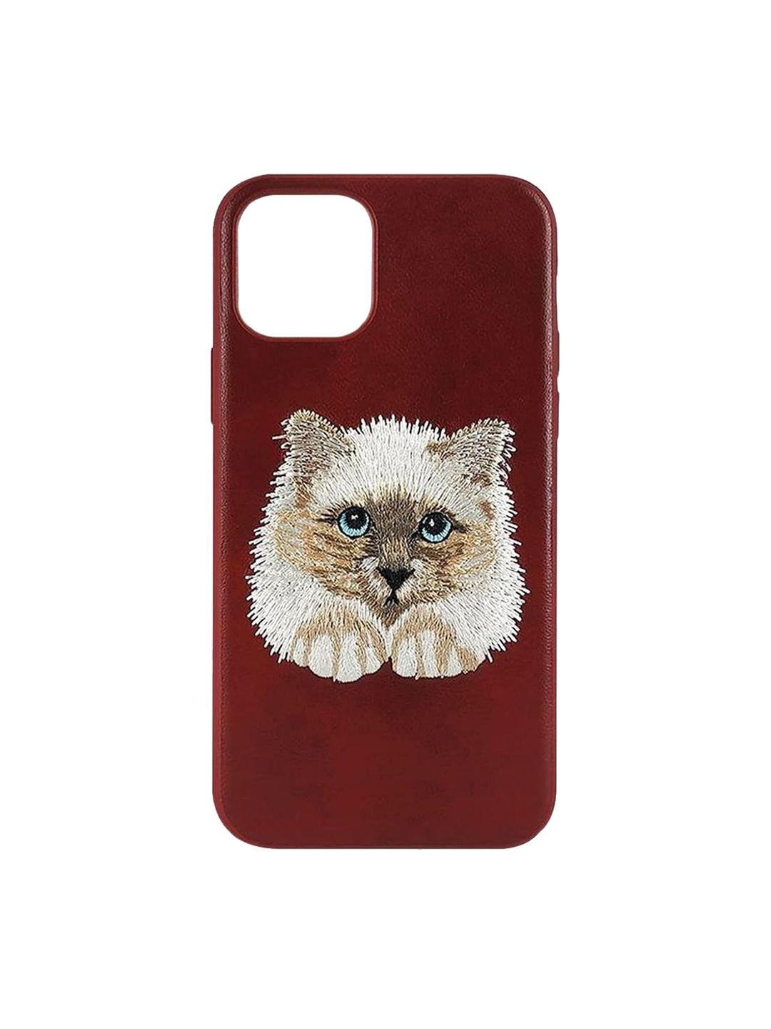 

TREEMODA Cat Embroidered Leather iPhone 13 Pro Phone Back Case, Red