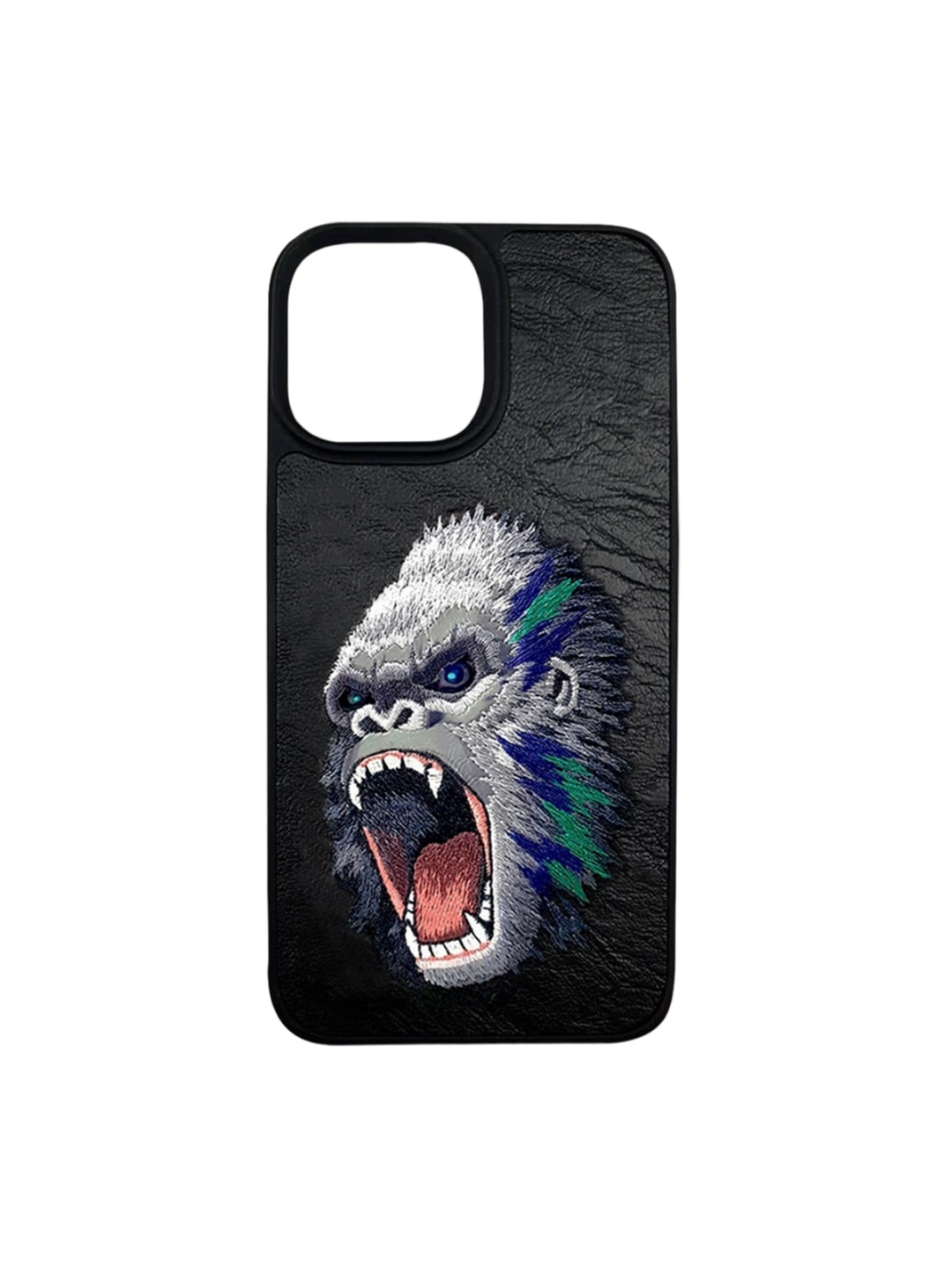 

TREEMODA Embroidered Chimpanzee Design iPhone 13 Pro Leather Phone Back Case, Black