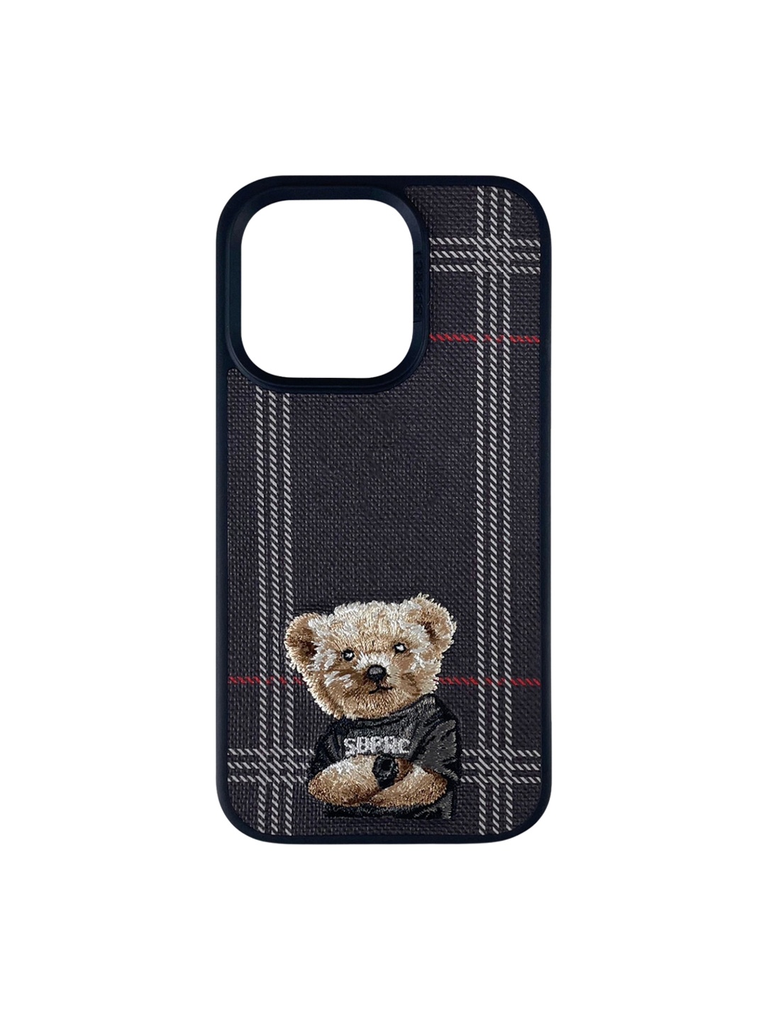 

TREEMODA Teddy Bear Embroidered iPhone 14 Pro Leather Back Case, Black
