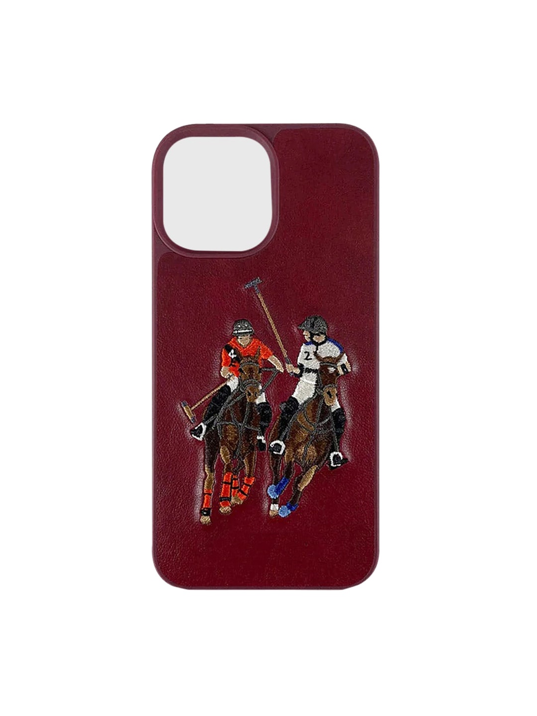 

TREEMODA Leather Embroidered iPhone 14 Phone Back Case, Red