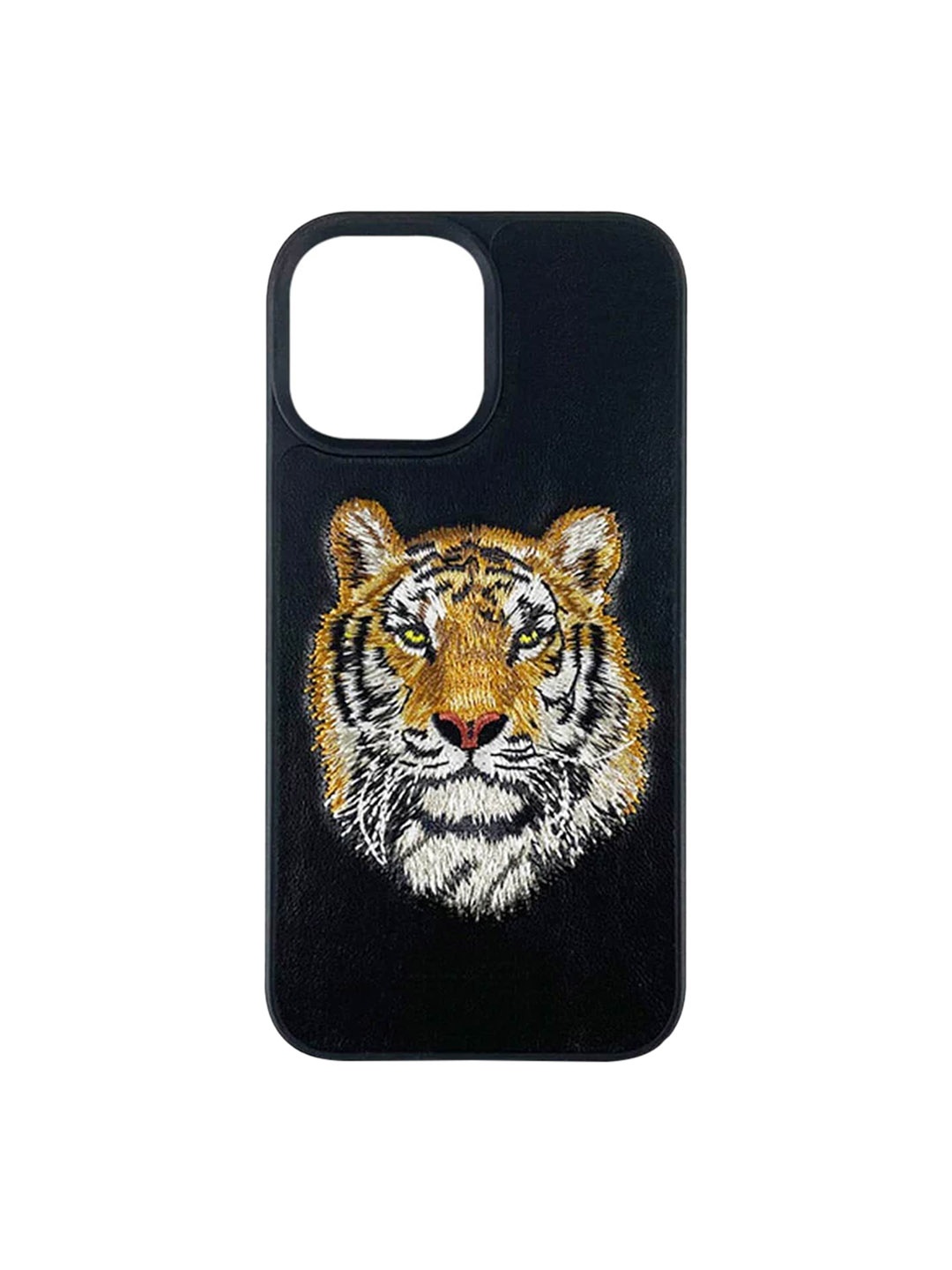 

TREEMODA Tiger Embroidered iPhone 14 Leather Back Case, Black