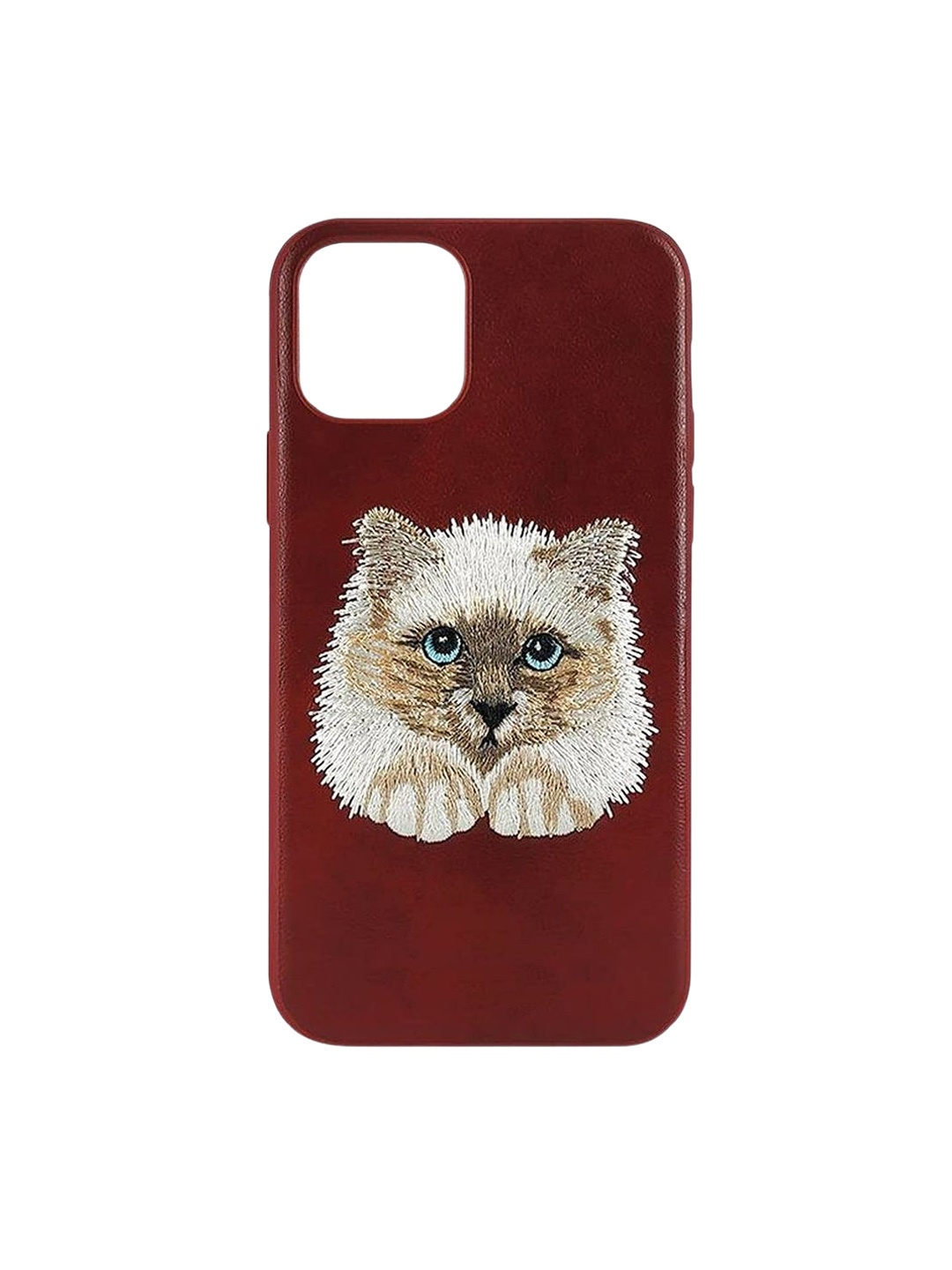 

TREEMODA iPhone 14 Pro Cat Embroidered Leather Back Case, Maroon