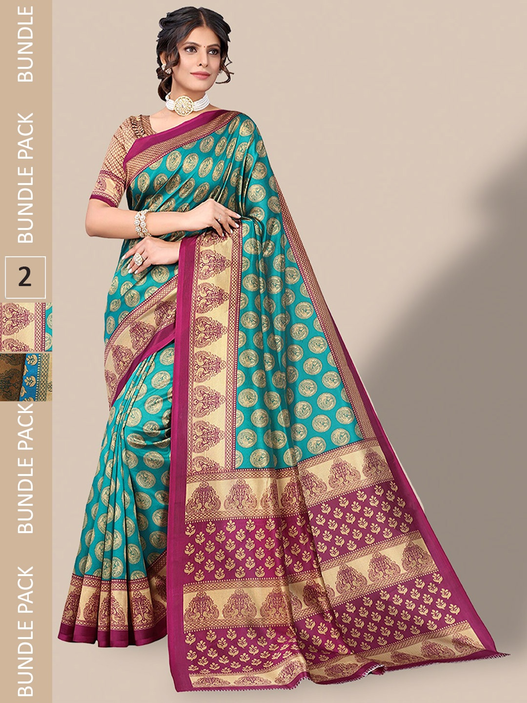 

Poshyaa A Selection Of 2 Ethnic Motifs Printed Mysore Silk Saree, Turquoise blue