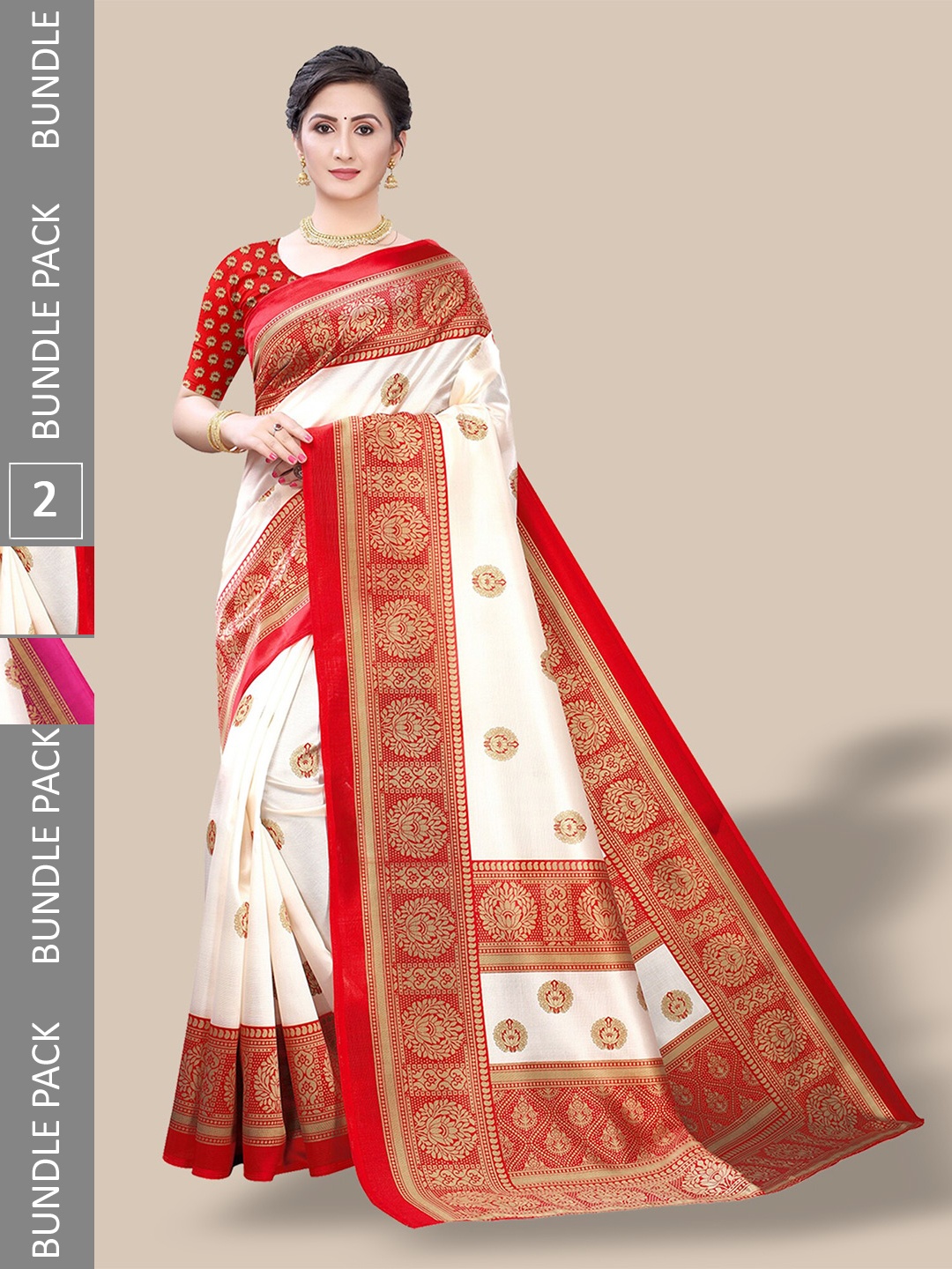

Poshyaa Selection Of 2 Ethnic Motifs Printed Mysore Silk Saree, White