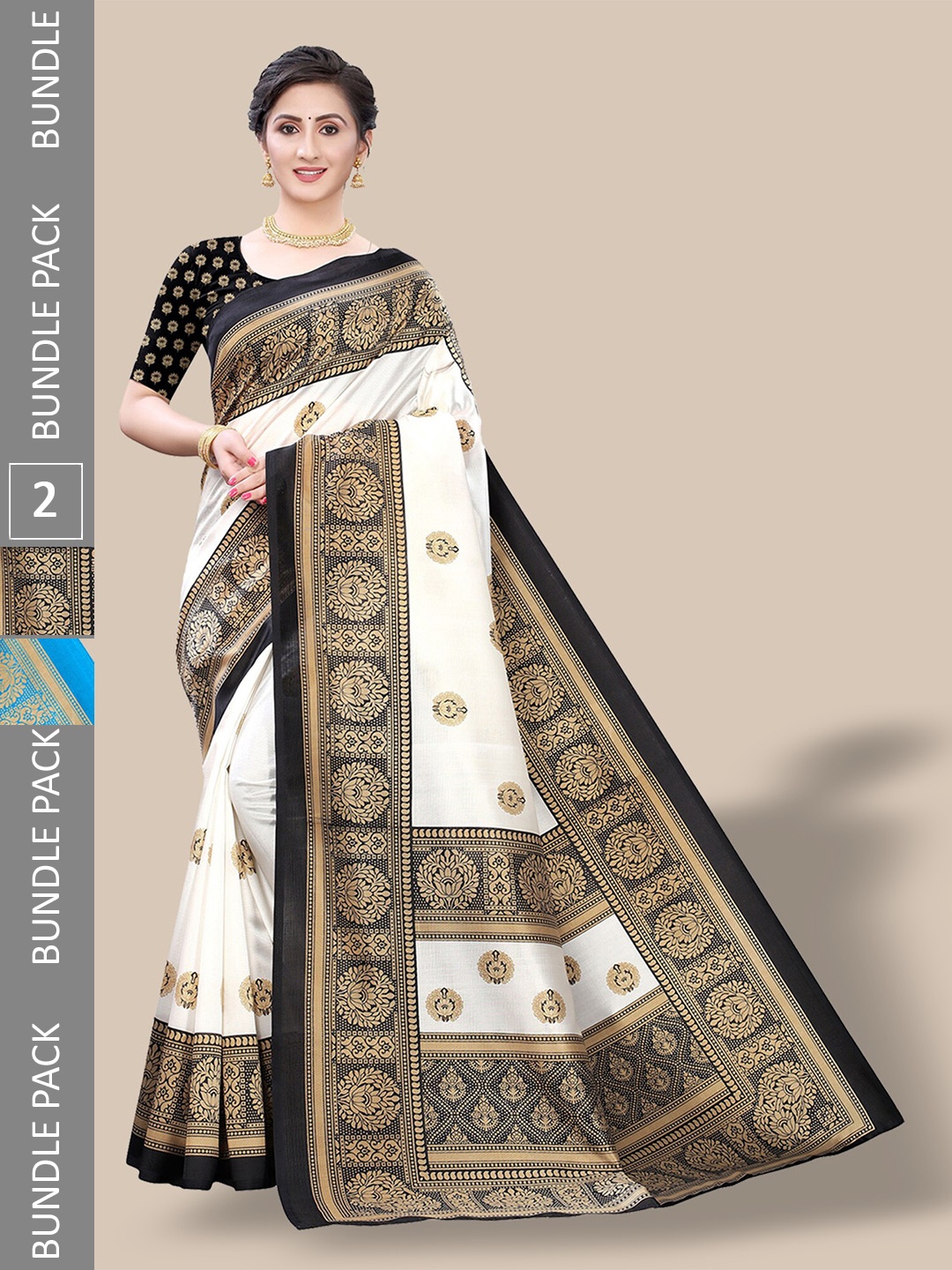 

Poshyaa Pack of 2 Ethnic Motifs Art Silk Mysore Silk Saree, Blue