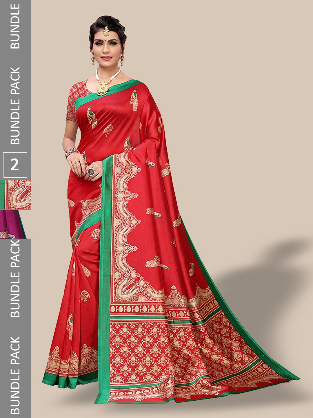 

Poshyaa Pack Of 2 Ethnic Motifs Art Silk Mysore Silk Saree, Red