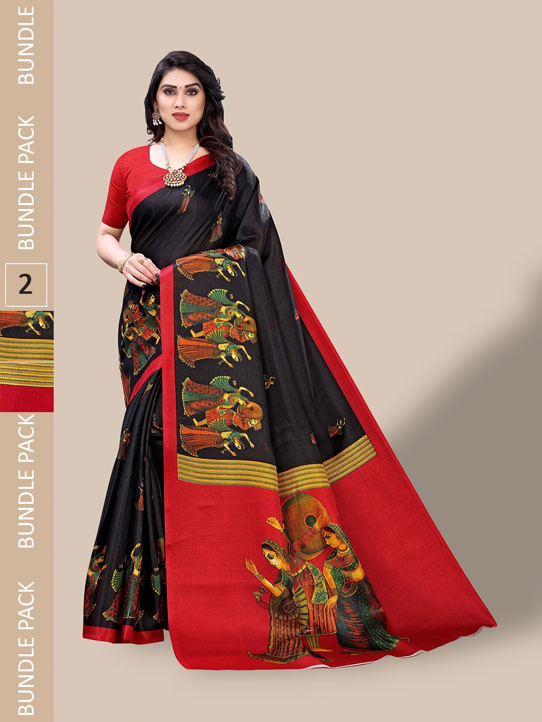 

Poshyaa Selection Of 2 Ethnic Motifs Printed Art Silk Mysore Silk Sarees, Black