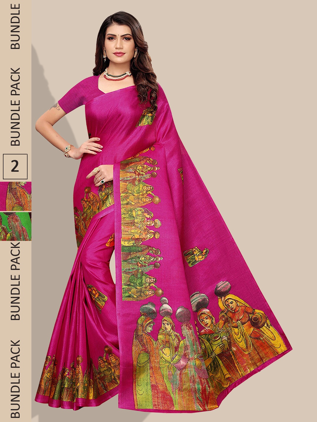 

Poshyaa Pack Of 2 Ethnic Motifs Mysore Silk Sarees, Green