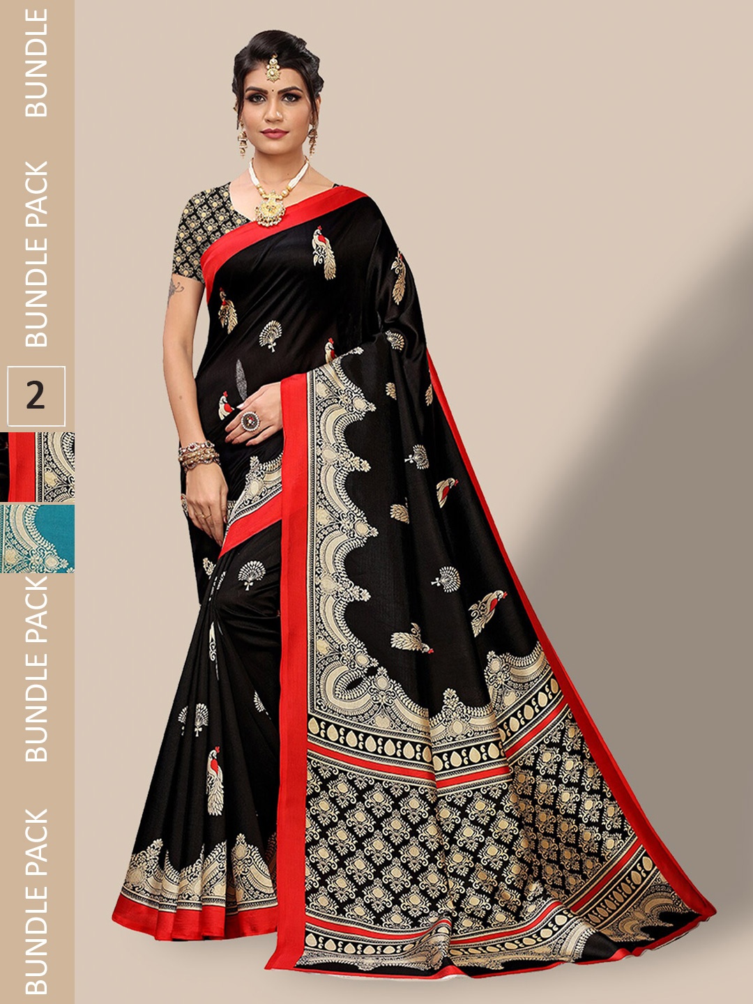 

Poshyaa Pack Of 2 Ethnic Motifs Art Silk Mysore Silk Saree, Black