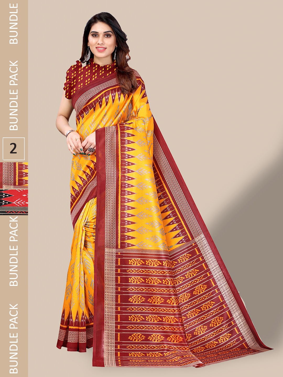 

Poshyaa Pack Of 2 Ethnic Motifs Printed Art Silk Mysore Silk Saree, Red