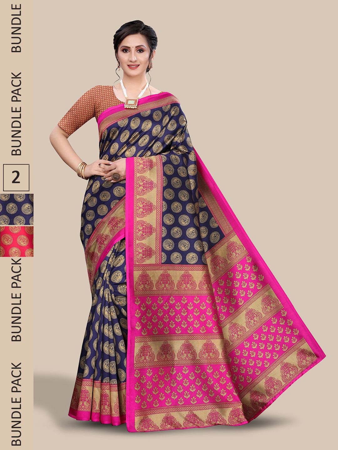 

Poshyaa Pack Of 2 Ethnic Motifs Printed Mysore Silk Saree, Red
