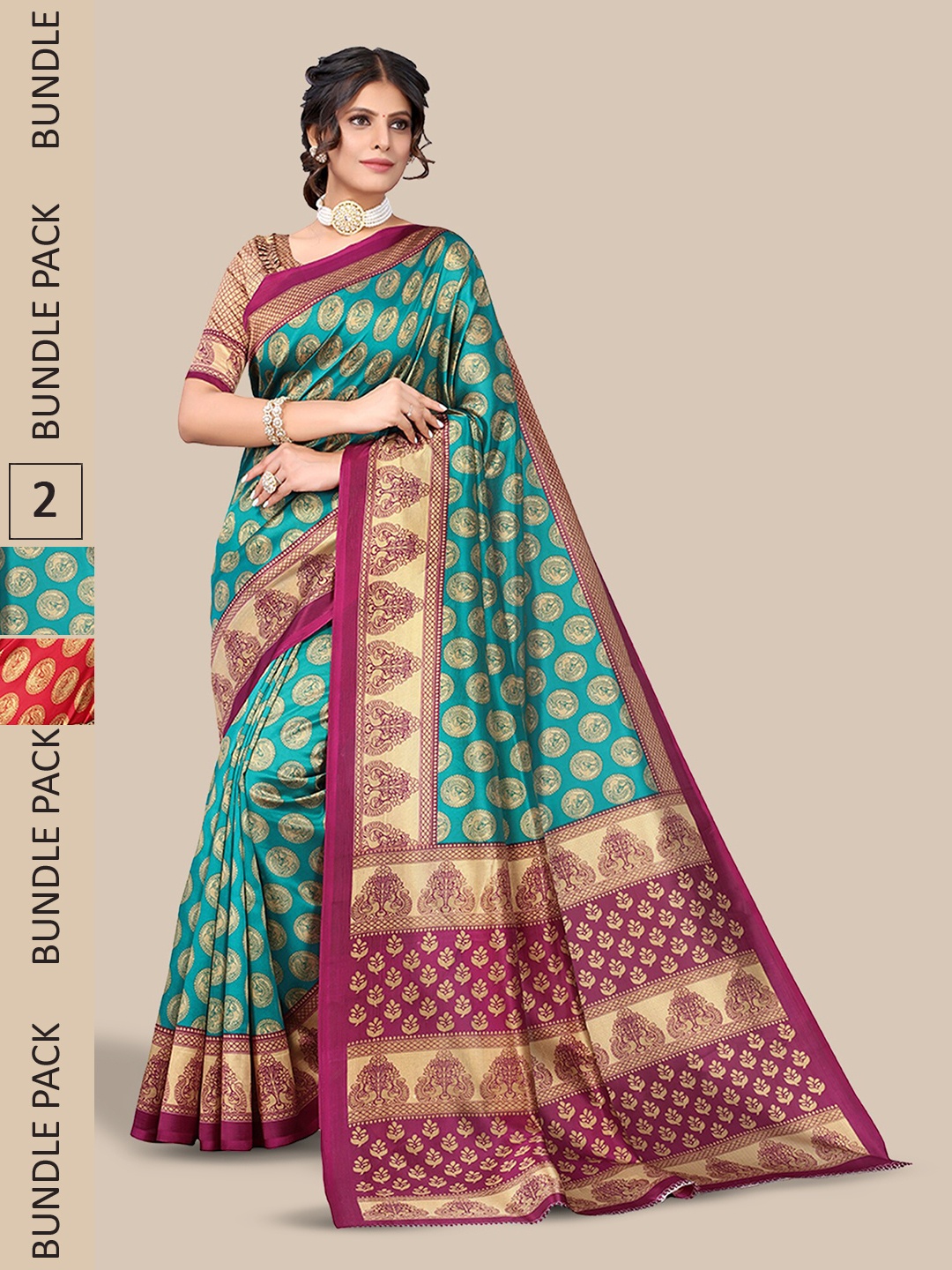 

Poshyaa Pack Of 2 Ethnic Motifs Printed Mysore Silk Saree, Red