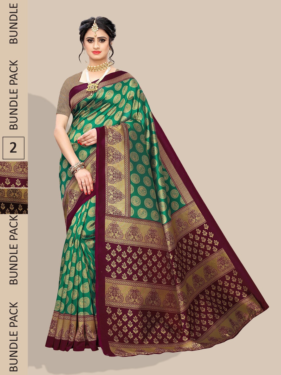 

Poshyaa Pack Of 2 Ethnic Motifs Woven Design Art Silk Mysore Silk Sarees, Green