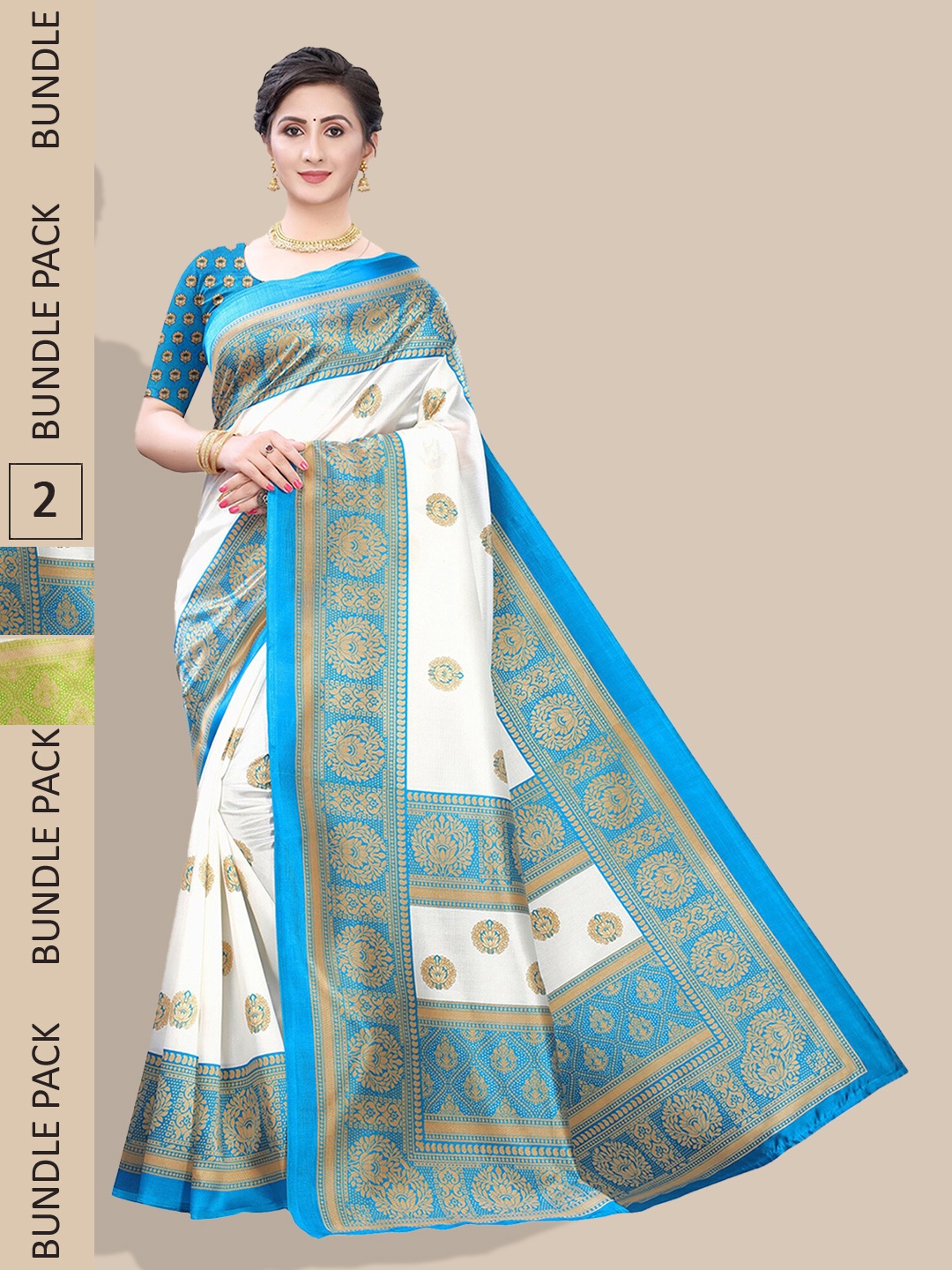 

Poshyaa Selection Of 2 Ethnic Motifs Printed Art Silk Mysore Silk Sarees, White