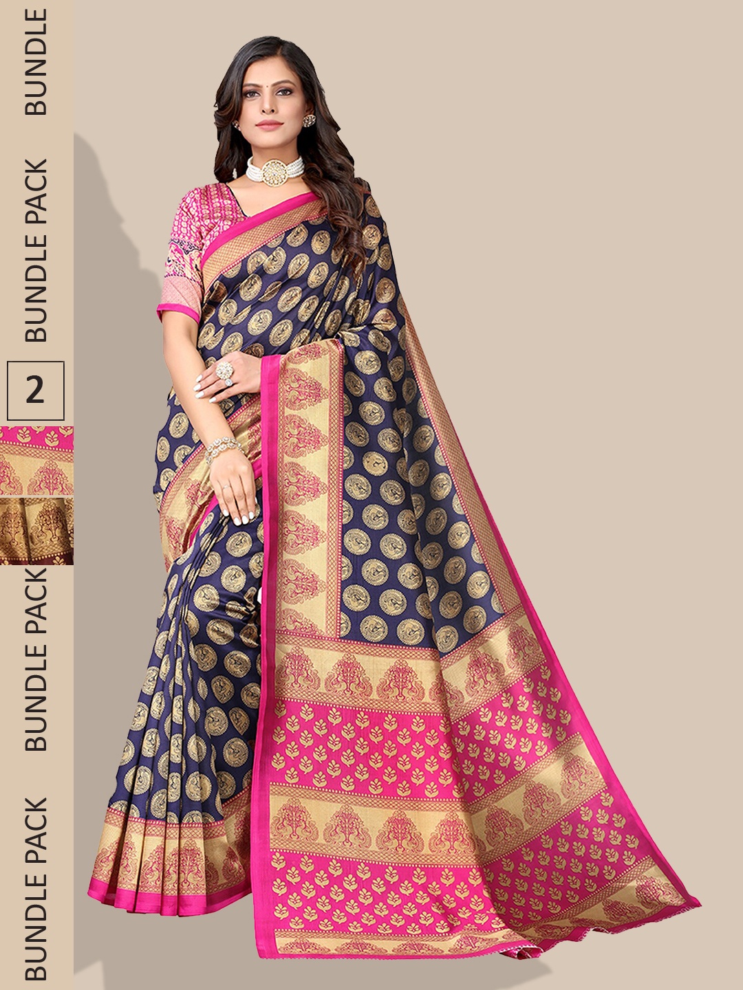 

Poshyaa Pack Of 2 Ethnic Motifs Mysore Silk Sarees, Navy blue