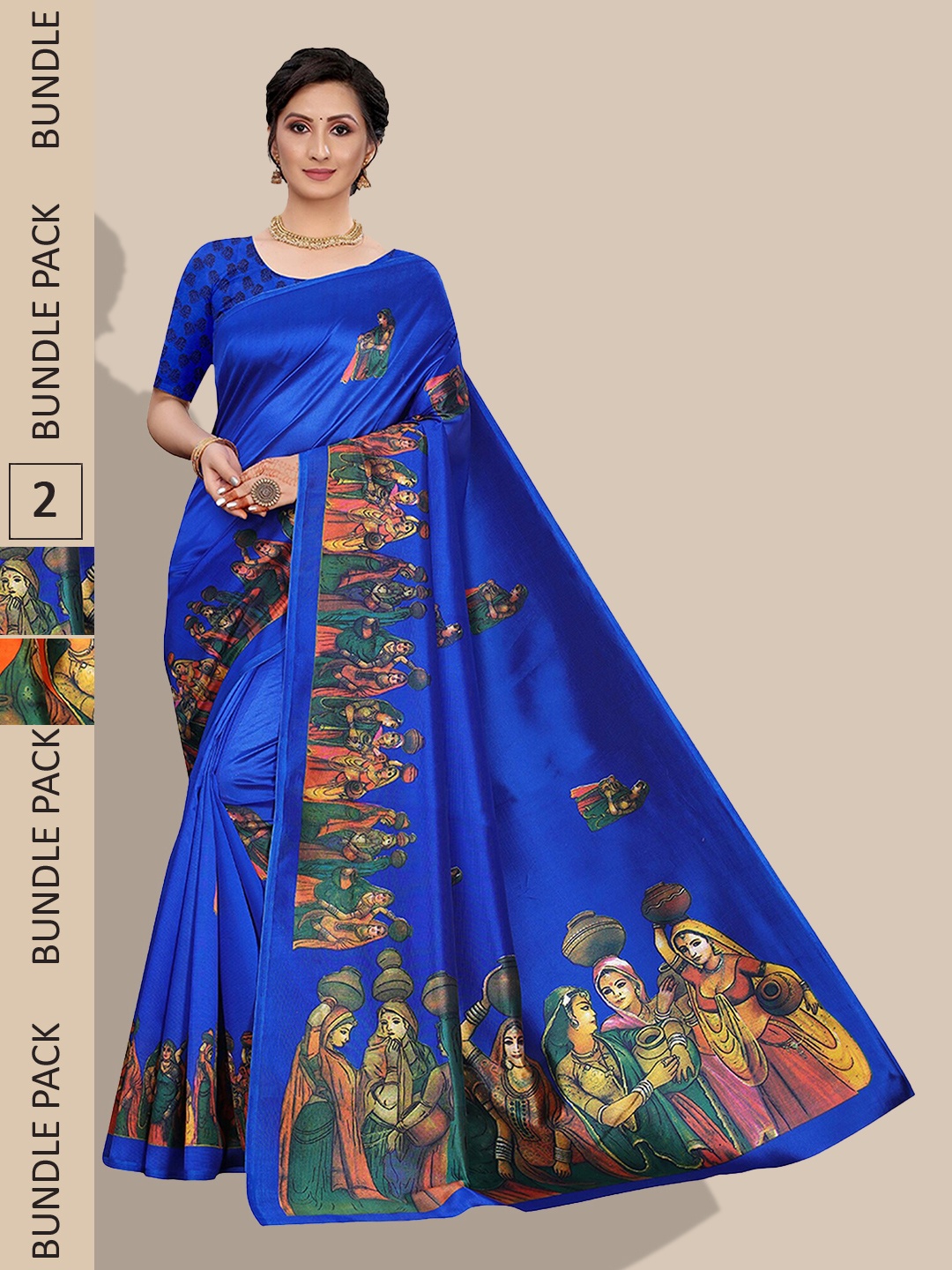 

Poshyaa Pack of 2 Ethnic Motifs Art Silk Mysore Silk Saree, Orange