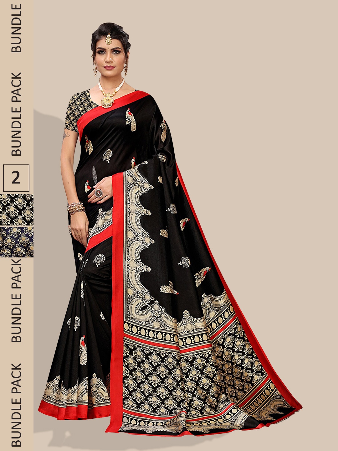 

Poshyaa Selection Of 2 Ethnic Motifs Printed Mysore Silk Saree, Black