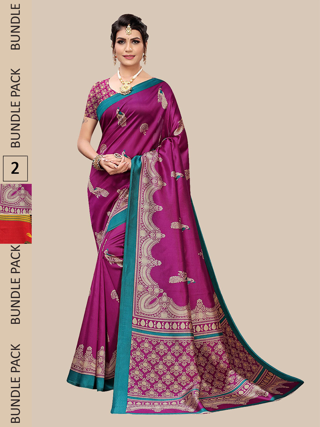 

Poshyaa Pack of 2 Ethnic Motifs Art Silk Mysore Silk Saree, Black